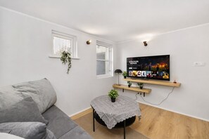 Ein Wohnzimmer mit grauem Sofa, einem Fernseher auf einer Holzregal, einem kleinen Tisch mit Spitze und zwei Fenstern mit Pflanzen.