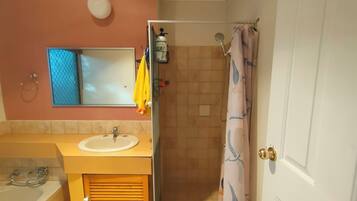 Hair dryer, towels, soap, toilet paper