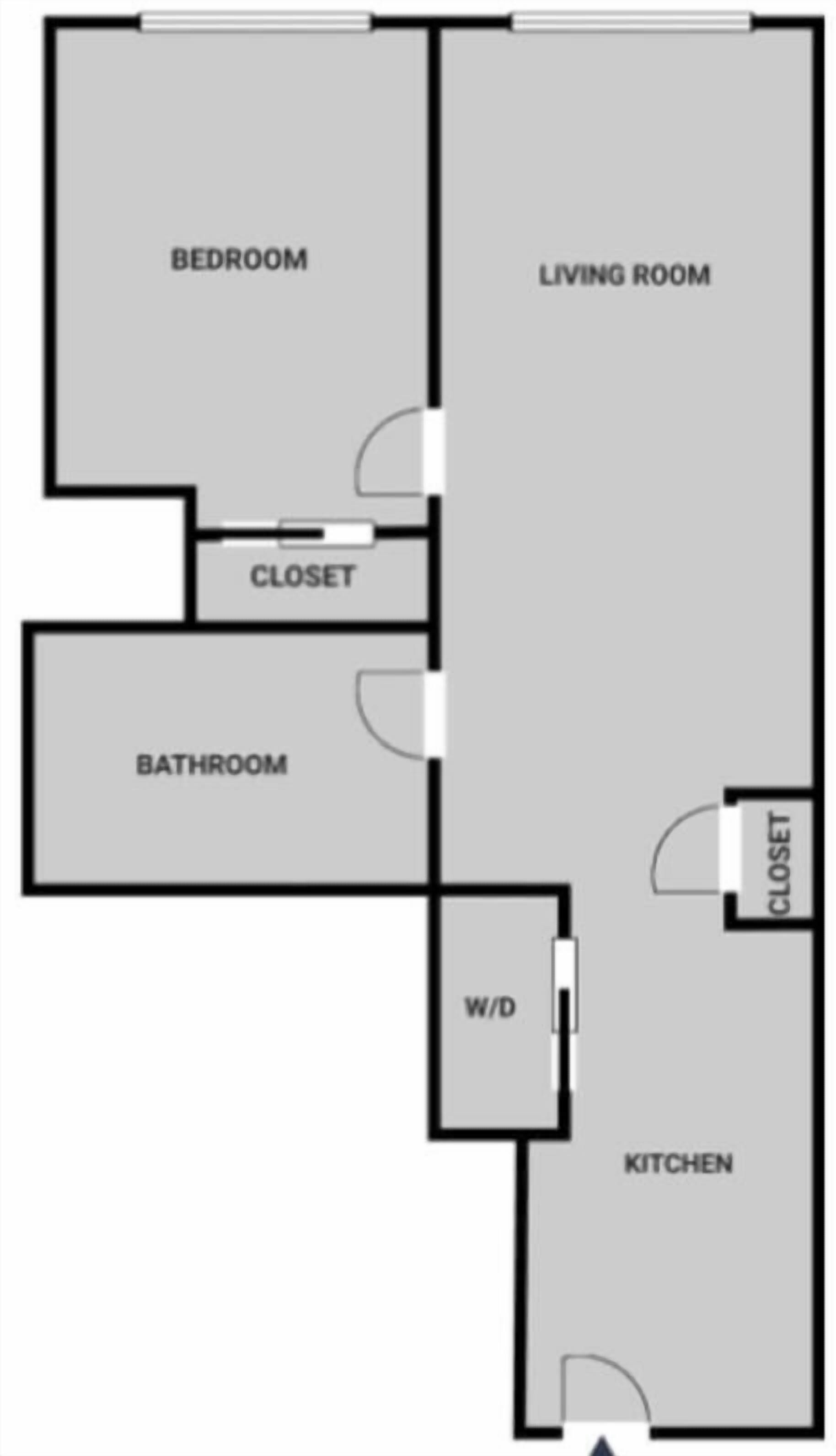 A floor plan with a bedroom, living room, bathroom, closet, and kitchen.