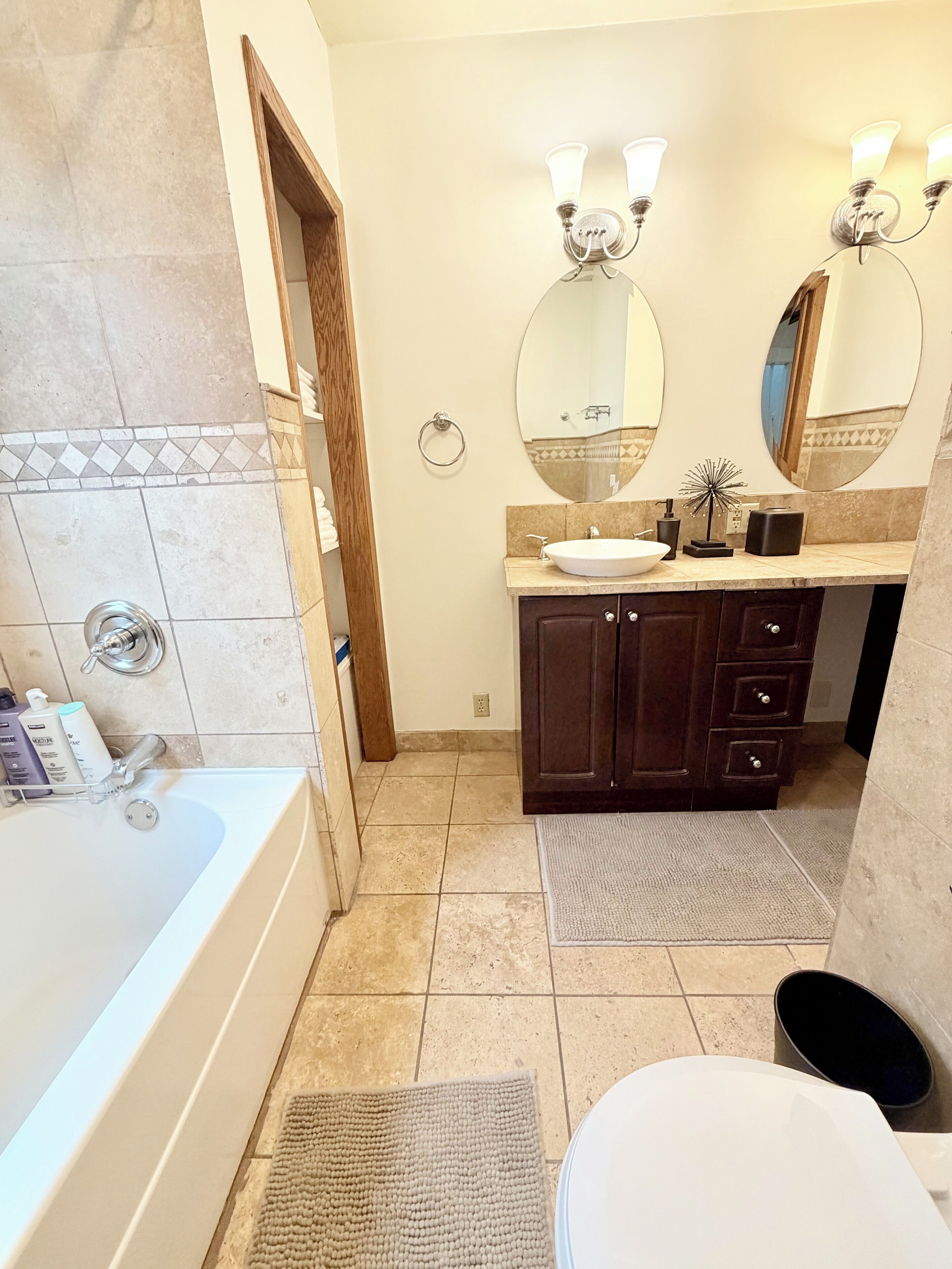 Hair dryer, towels, soap, shampoo