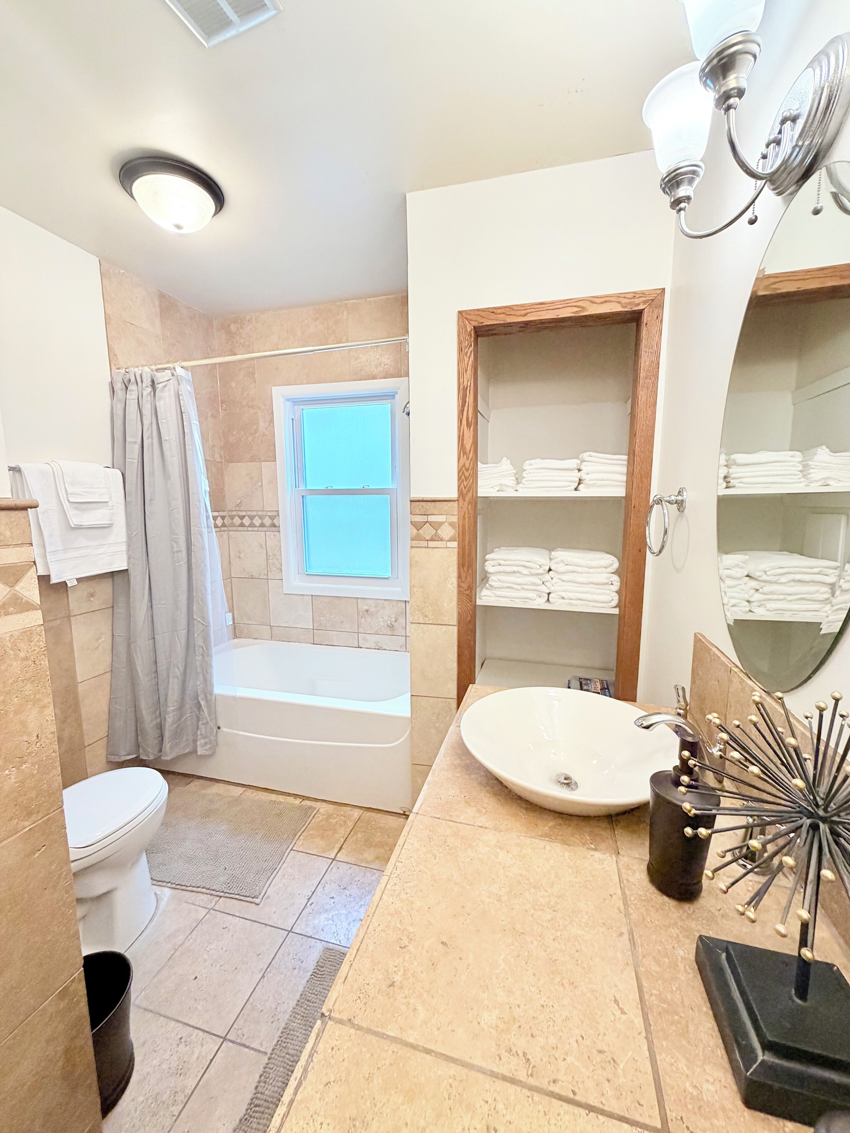Hair dryer, towels, soap, shampoo
