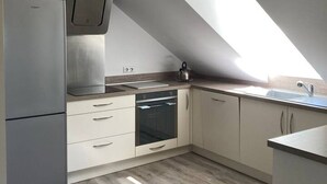 A modern kitchen with a skylight, built-in oven, and stainless steel refrigerator. - Appartement 76m² 2 chambres, parking et jardin (Aix-les-Bains)
