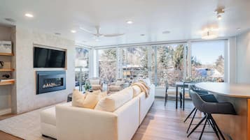 Télévision, cheminée, chaîne hi-fi, espaces bureaux