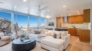 Télévision, cheminée, chaîne hi-fi, espaces bureaux