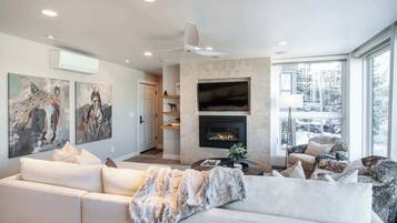 Télévision, cheminée, chaîne hi-fi, espaces bureaux