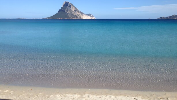 A beach with clear water and a mountain in the background. - Bouganville Two-Room Apartment 80 m from the Beach with Private Terrace, Garden & AC (Porto Taverna)
