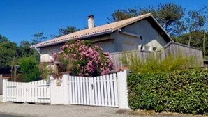 Une maison de plain-pied avec un toit en pente, une cour avant clôturée et un arbuste devant.