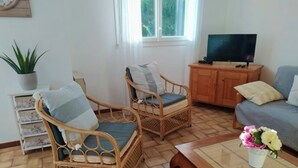 Un salon meublé de meubles en osier, avec un téléviseur et une fenêtre donnant sur un paysage verdoyant.