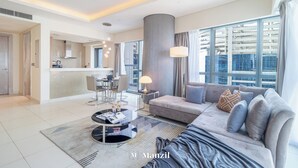 Luxury Apartment, Balcony, City View | Living area - Manzil - High Floor 1BR in Business Bay (Dubai)