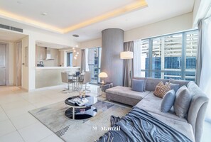Luxury Apartment, Balcony, City View | Living area - Manzil - High Floor 1BR in Business Bay (Dubai)