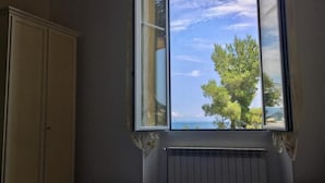 Huone, jossa on sänky, ikkuna ja patteri.