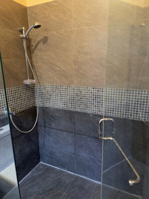 Een douche, een bidet, handdoeken, toiletpapier