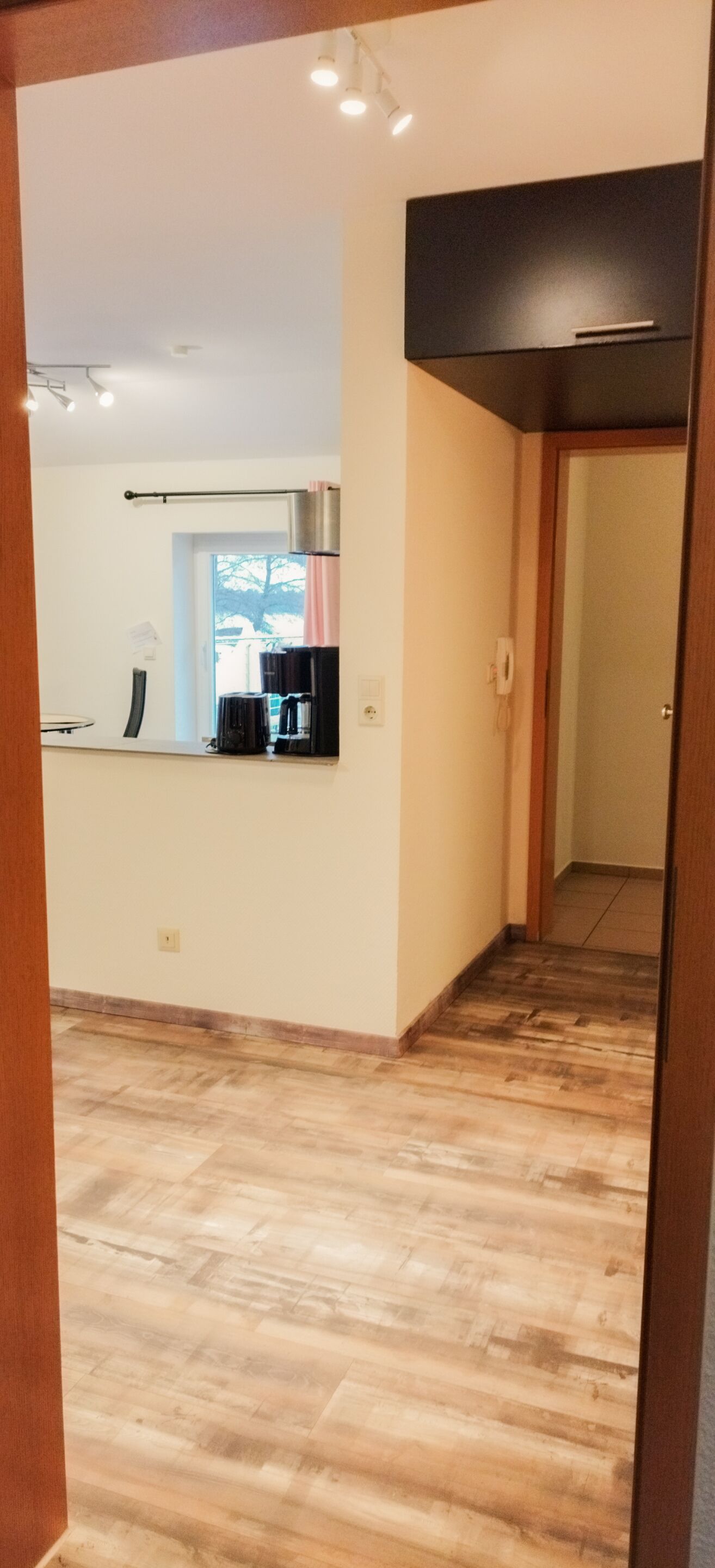A room with a wooden floor, a kitchen area with a coffee maker, and a door leading to another room.