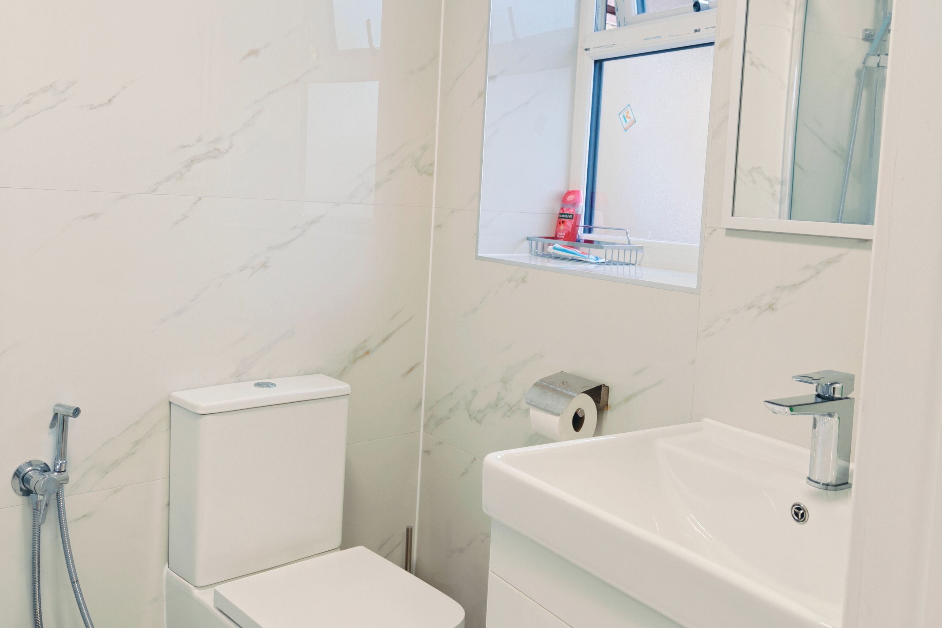 A bathroom with a toilet, a sink, and a shower.