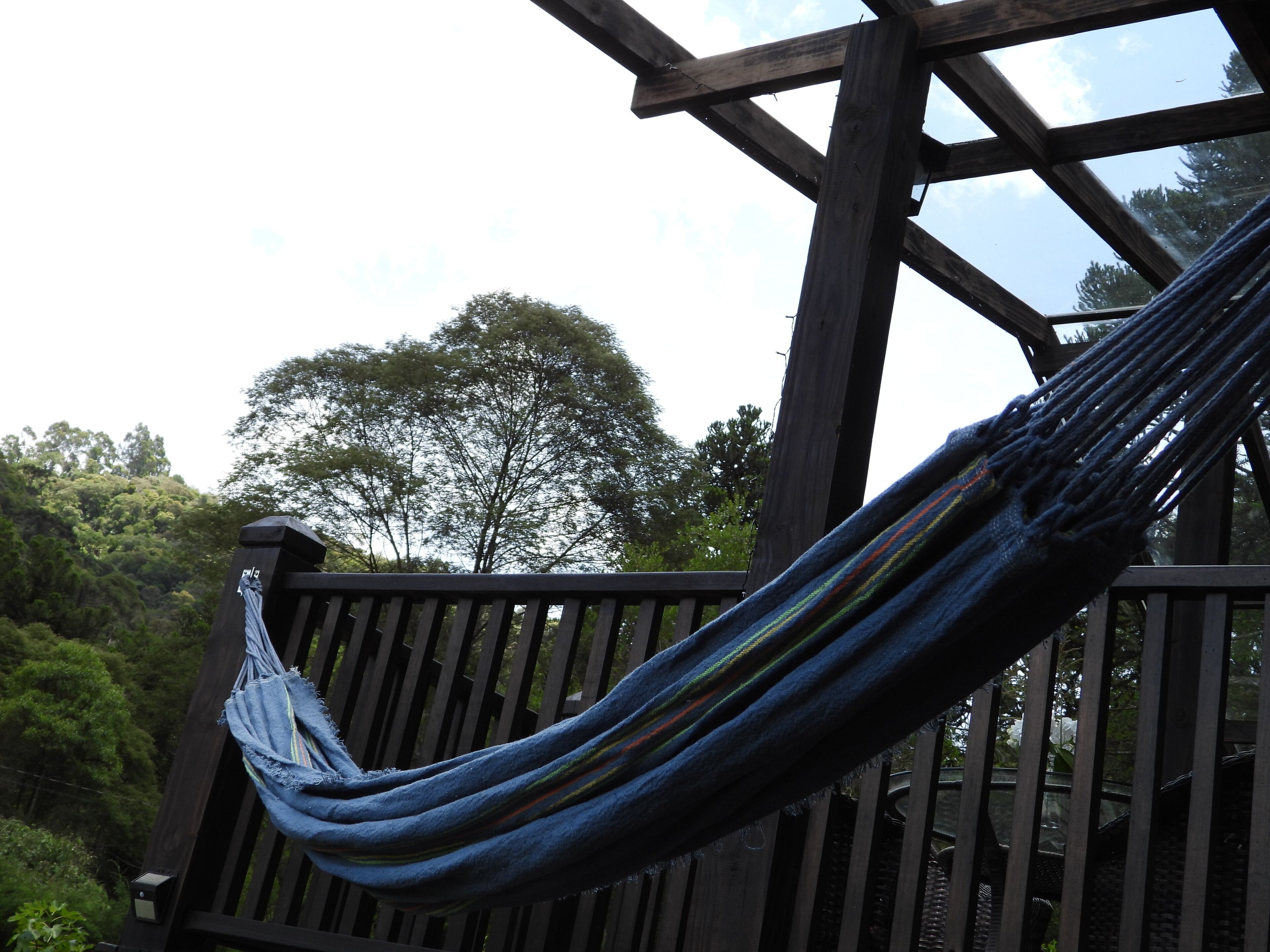 Un hamac est suspendu à une terrasse en bois, offrant une vue sur les arbres et un ciel dégagé.