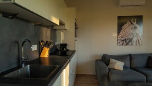 A modern kitchen with a black countertop, stainless steel sink, and a coffee maker. There is a gray sofa with cushions in the living area.