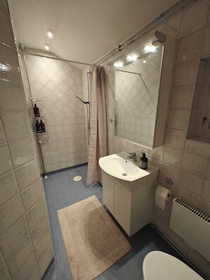 Een haardroger, zeep, shampoo, toiletpapier