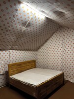 Laptop workspace, blackout curtains