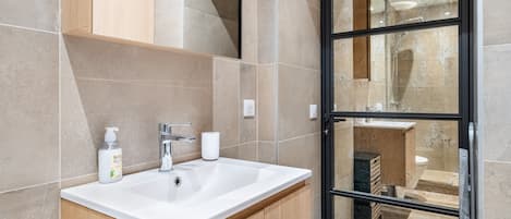 Douche, séchoir à cheveux, serviettes fournies