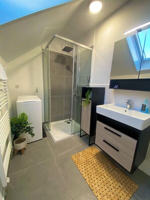 Shower, hair dryer, towels, soap