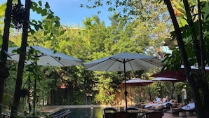 Un espace piscine extérieur doté de chaises longues et de parasols, entouré d’une végétation luxuriante.