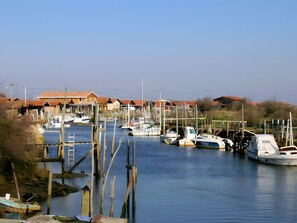 A marina with boats docked, wooden piers, and houses in the background.