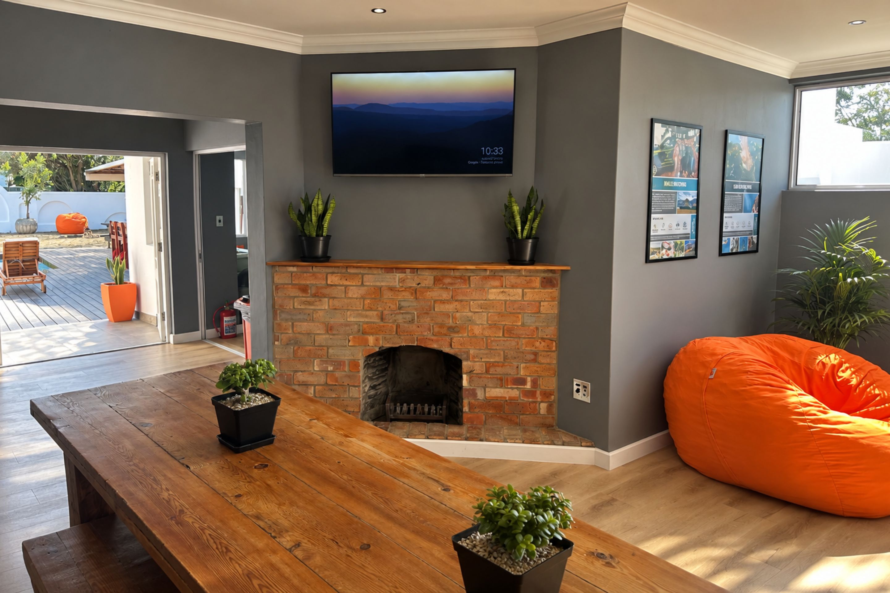 A modern living room with a brick fireplace, a wooden dining table, and a large orange bean bag.