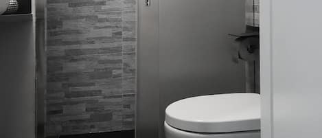 Hair dryer, towels, soap, toilet paper