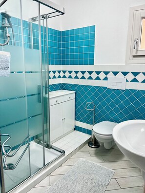 Shower, hair dryer, bidet, towels