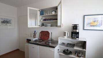 KĂŒhlschrank, Mikrowelle, Herdplatte, Wasserkocher mit Kaffee-/Teezubehör