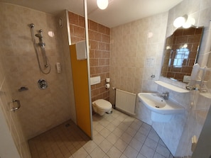 A bathroom with a shower, toilet, sink, and a mirror with lights. - Landgoed Ehzerwold (Almen)