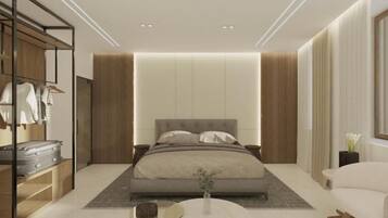 Värdeförvaringsskåp på rummet, skrivbord och mörkläggningsgardiner