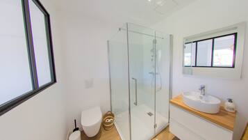 Shower, hair dryer, towels, soap