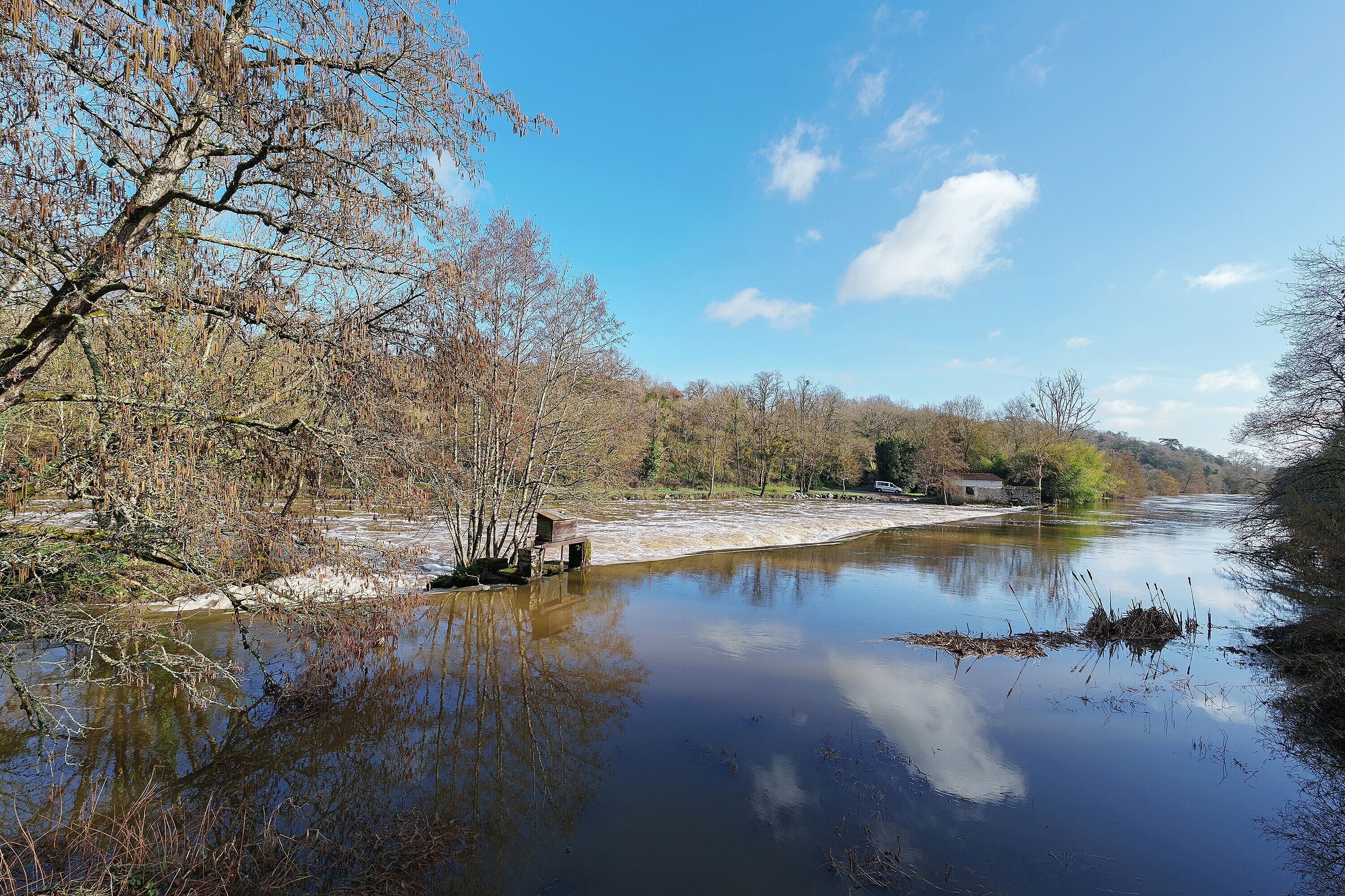A river with trees and a small structure by the water.