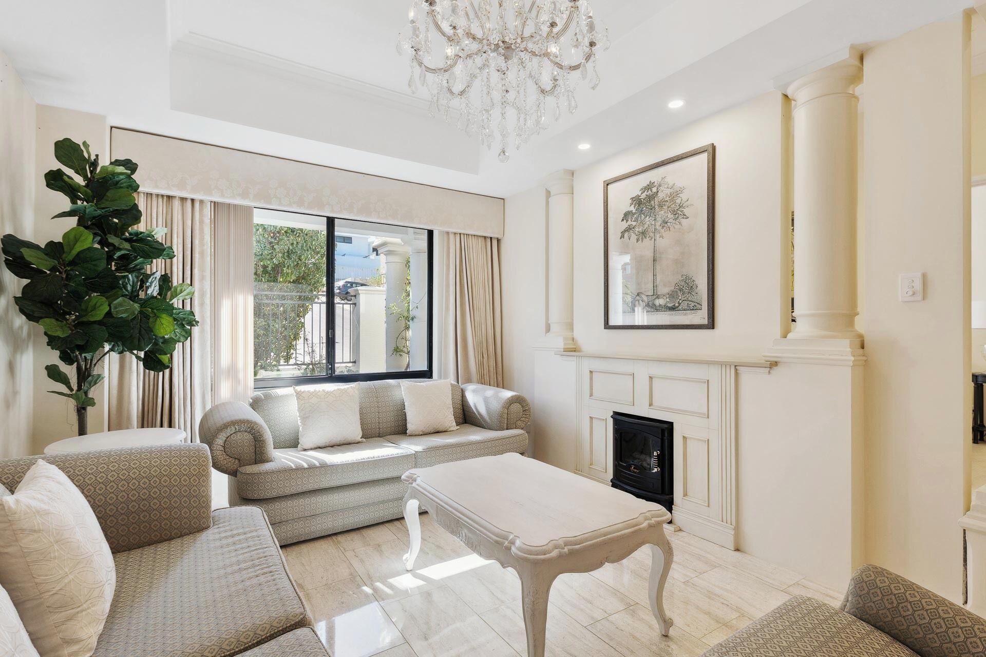 TV, fireplace, books