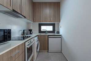 Leilighet, 1 soverom, kjøkken, byutsikt | Eget kjøkken | Kjøleskap, mikrobølgeovn, ovn og kokeplater