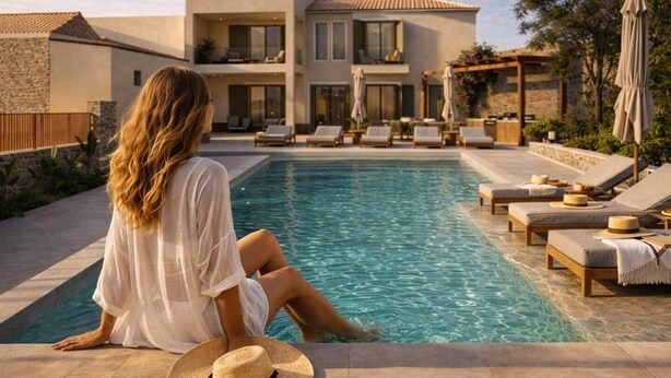Iemand zit bij een zwembad met ligbedden en parasols, met een modern huis en een stenen muur op de achtergrond.