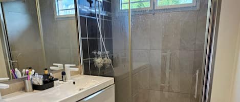 Hair dryer, towels, soap, toilet paper