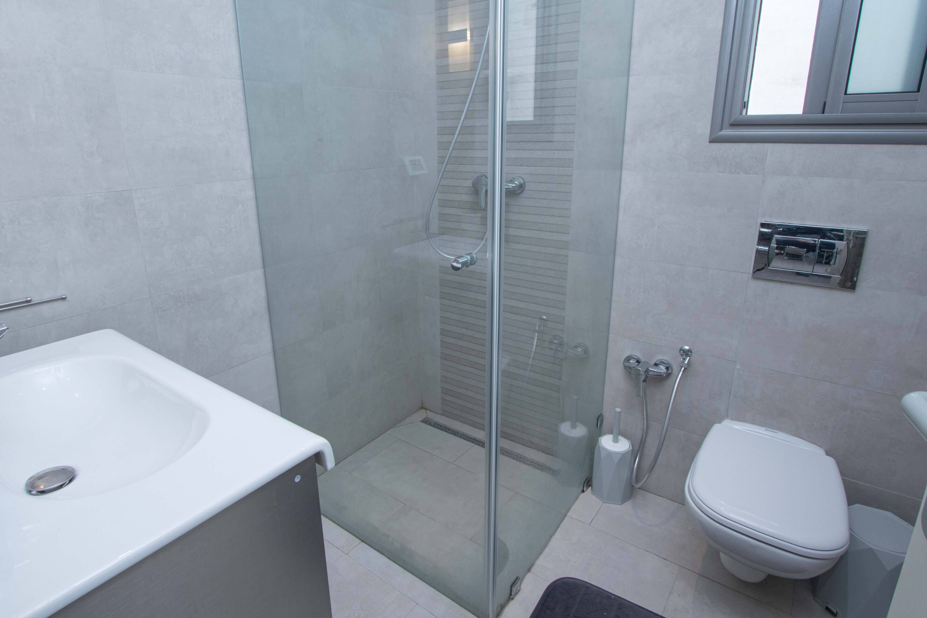 Un baño moderno con ducha envuelta en vidrio, un lavamanos blanco y un inodoro.