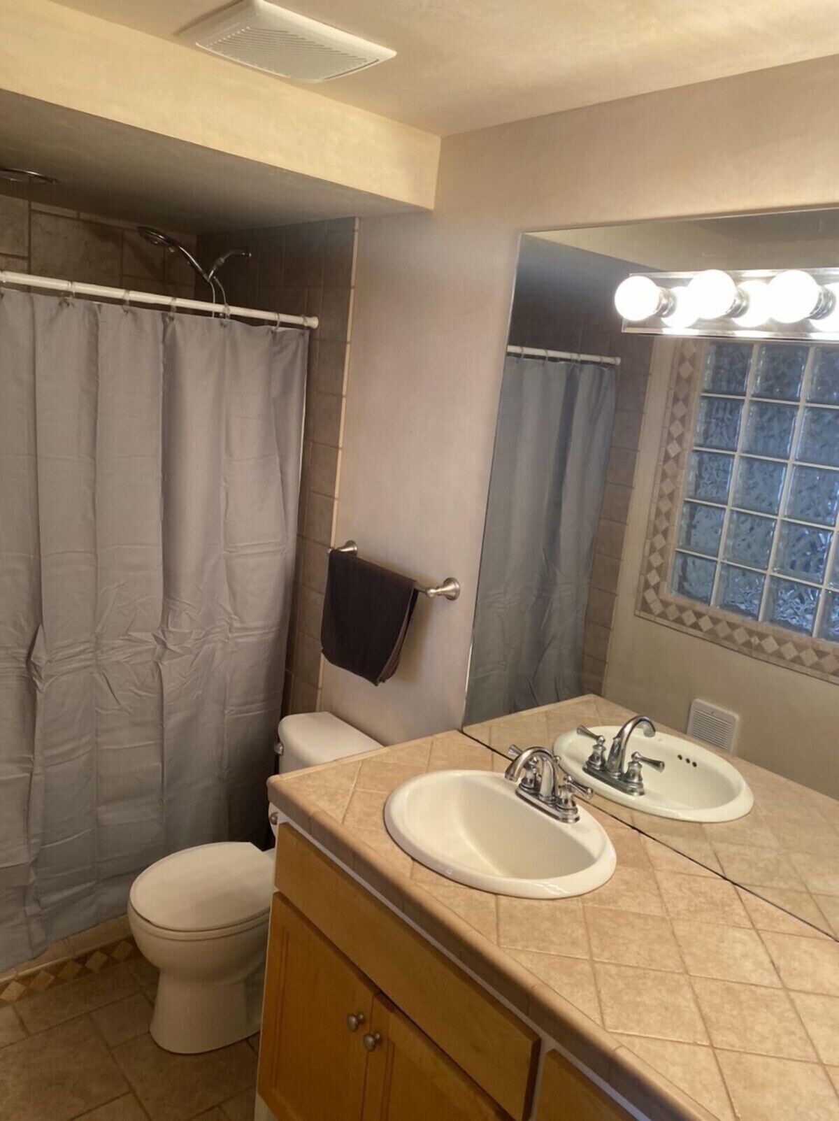 Shower, towels, soap, toilet paper