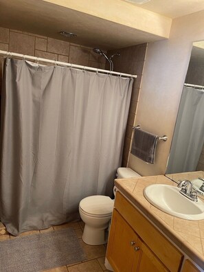 Shower, towels, soap, toilet paper
