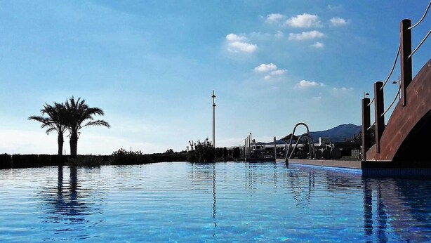 A clear blue pool with a palm tree silhouette, a metal bridge, and a mountain in the background. - Family apartment 3 bedrooms near beach (San Juan de los Terreros)