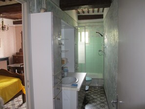 Chuveiro, secador de cabelo, toalhas de banho, sabonete
