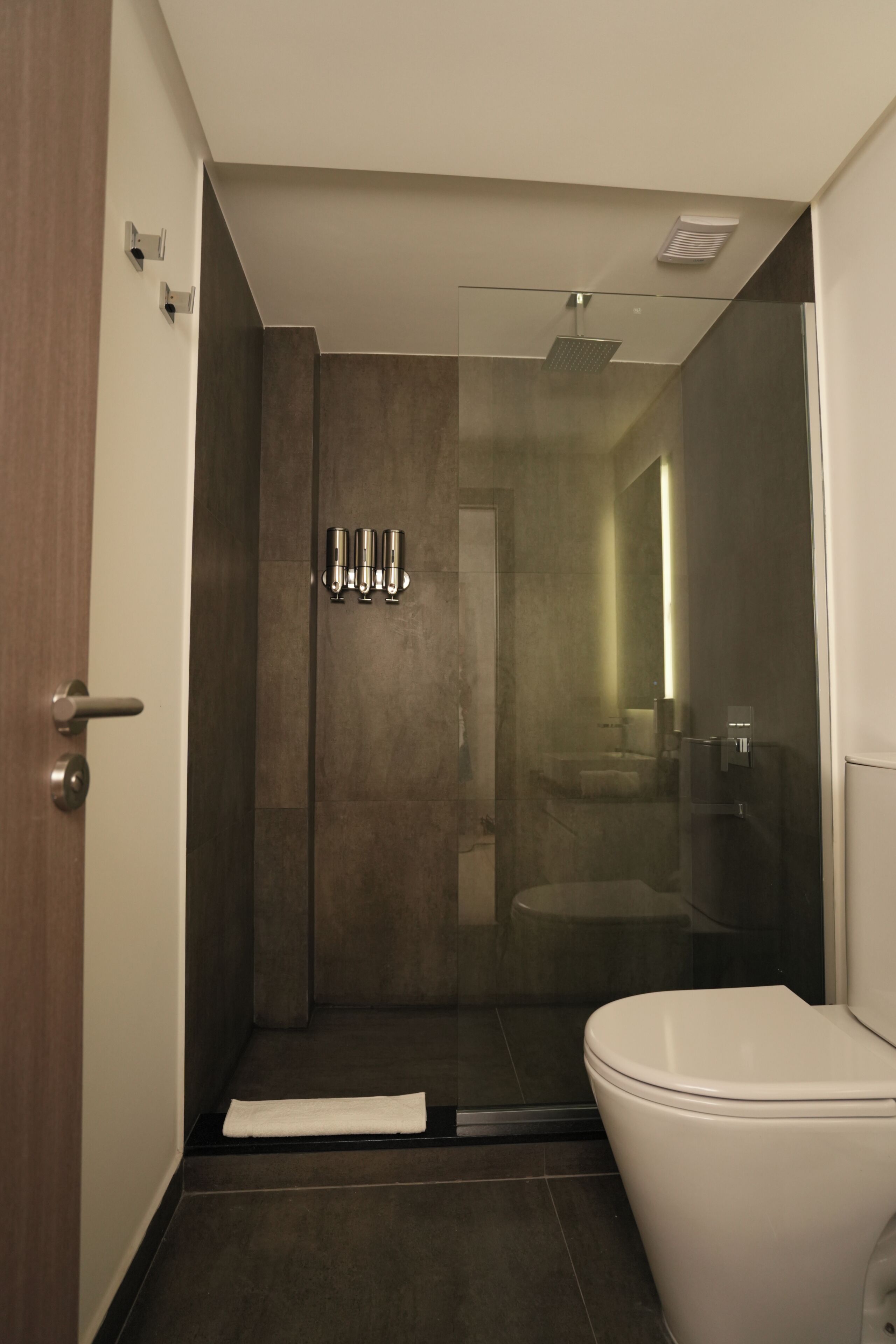 A modern bathroom with a glass shower enclosure, a toilet, and a sink.