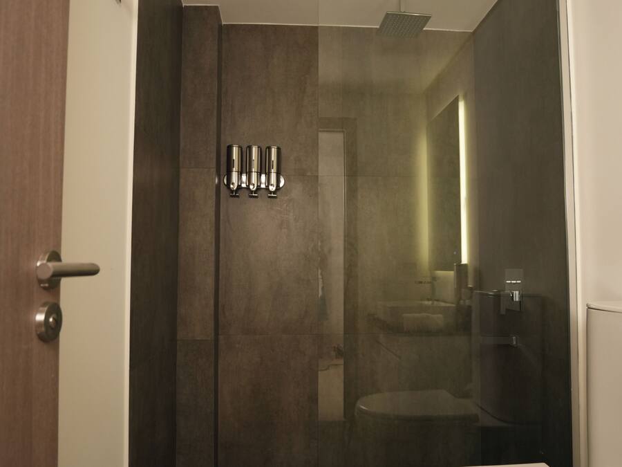 A modern bathroom with a glass shower enclosure, a toilet, and a sink.