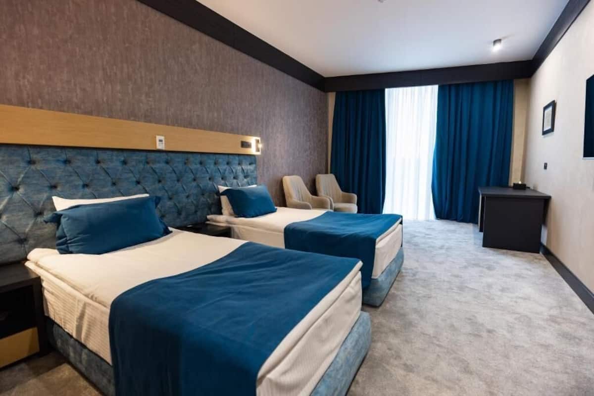 Habitación de hotel con dos camas, un cabecero, un escritorio, una silla y vistas al exterior a través de una ventana.
