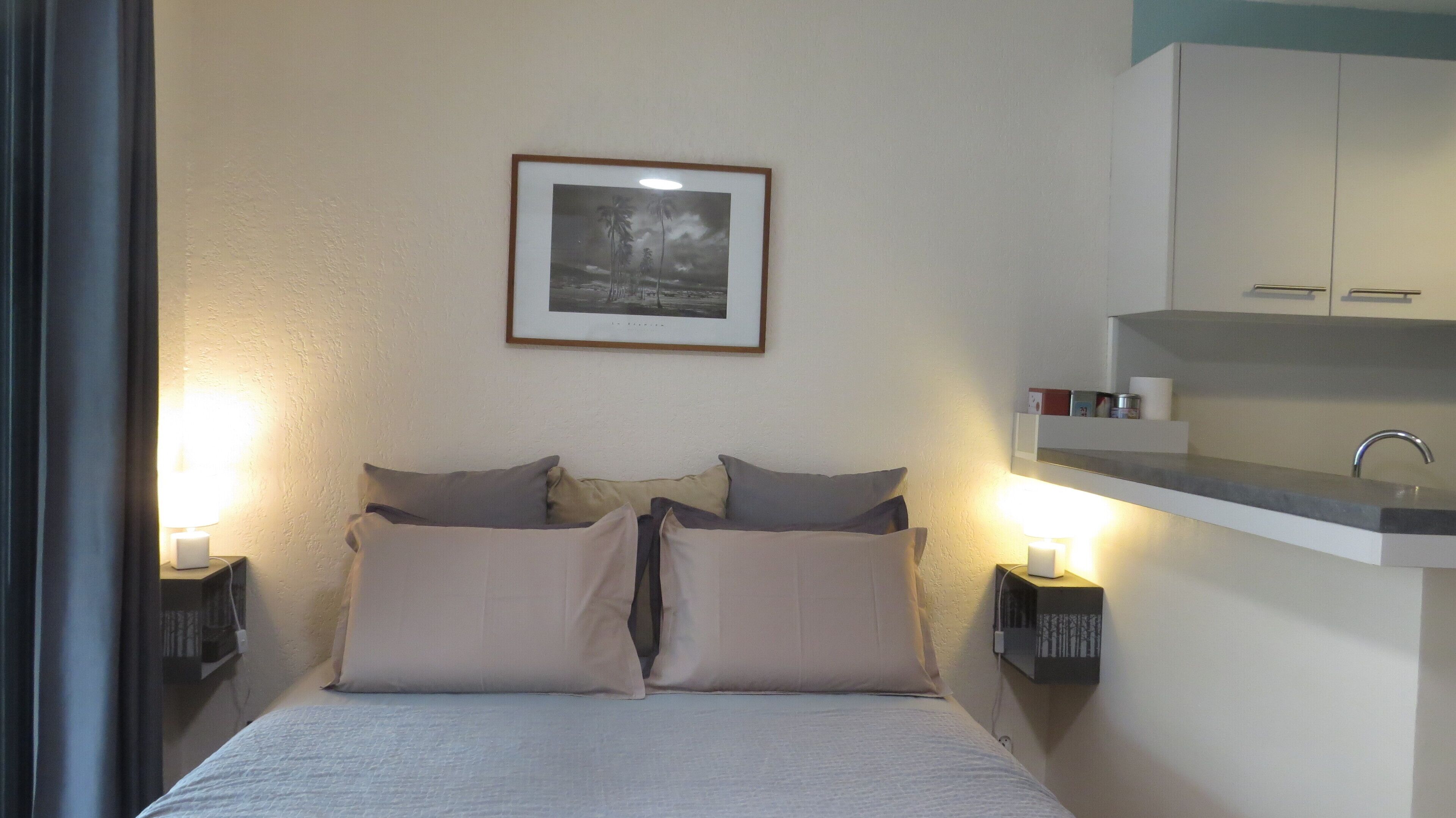 A bedroom with a bed, two bedside lamps, a framed picture on the wall, and a built-in kitchen area with a sink and cabinets.