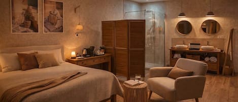 Chambre classique double, vue sur le jardin (Suite Tenareze) | Minibar, décor unique, ameublement unique, fer et planche à repasser