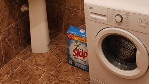 Een badkamer met een wastafel, een spiegel, een wasmachine en een doos wasmiddel SKIP.