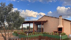 A modern house with a brick exterior, a covered patio, and a brick fireplace.